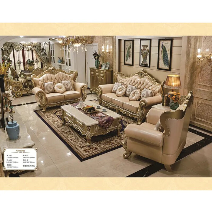 Royal style antique furniture Living room sofas Wood Frame Leather Sofa Sets Hot Sale Classic Sofa