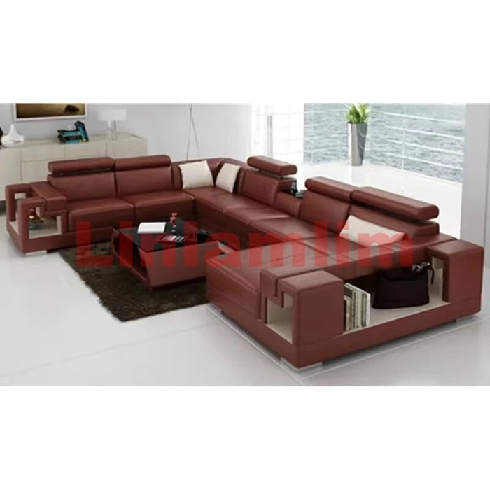 Linlamlim Italian Genuine Leather Sectional Sofa Futuristic Furniture U Shape Couch Living Room Big Sofas Set with Coffee Table