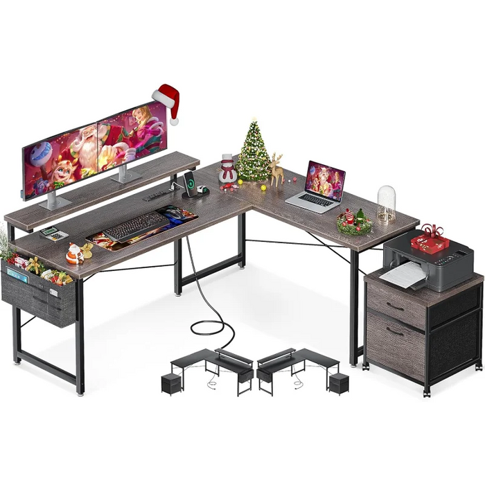 AODK L Shaped Computer Desk, 55" Office Desk with File Cabinet, Power Outlet and Adjustable Monitor Stand, Executive Home Office