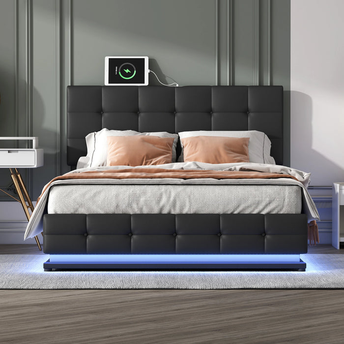 Tufted Upholstered Platform Bed with Hydraulic Storage System,Full/Queen Size PU Storage Bed with LED Lights and USB charger