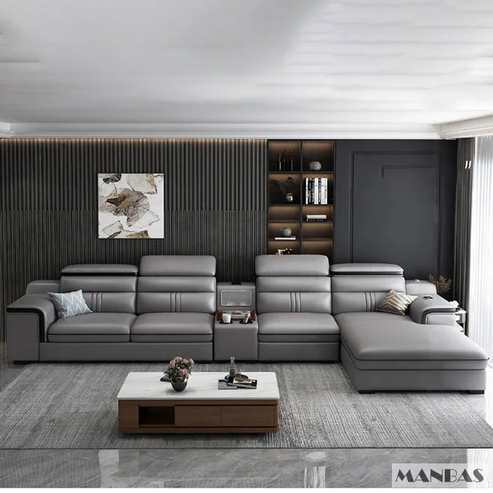 Leather Sectional Sofa Set with Cup Holder, USB, Adjustable Headrests & Bluetooth Speaker Living Room Couch with Stool