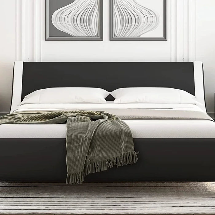 Platform Bed Frame with Faux Leather Curved Headboard Plank Support No Spring Required, Easy to Assemble