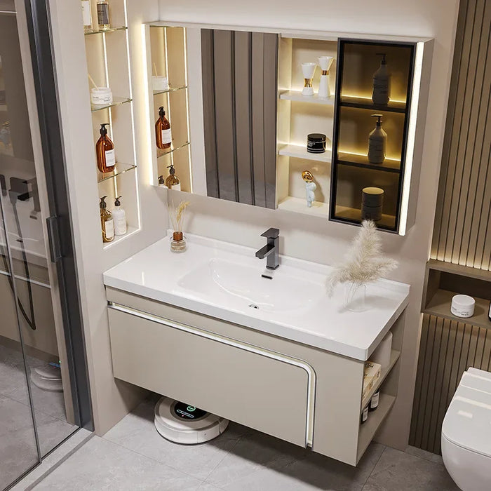 Light Luxury Bathroom Cabinets with Side Storage Ceramic Integrated Washbasin Bathroom Sink Cabinet Vanity Bathroom Furniture