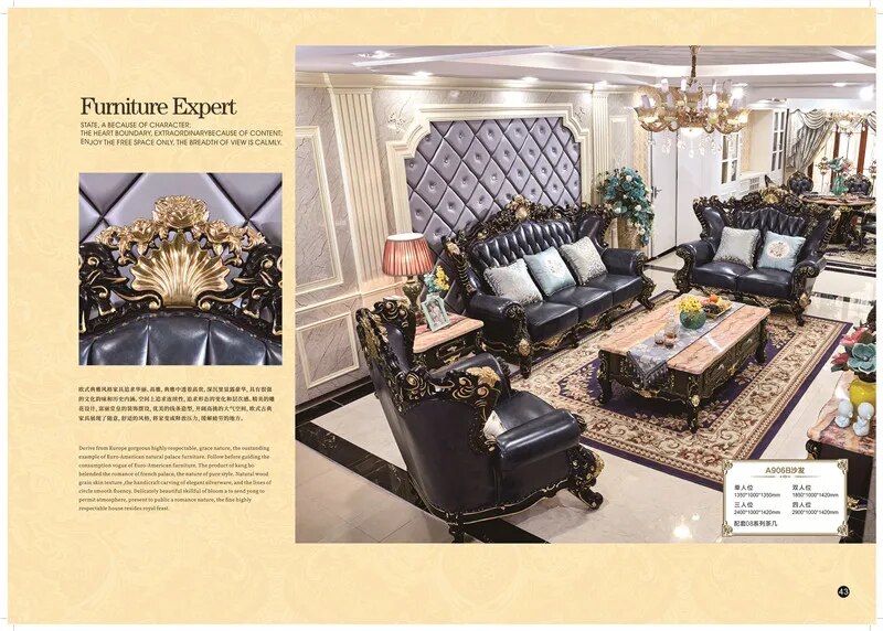 European design classic antique sofas living room furniture set solid wood carved leather couch sofa