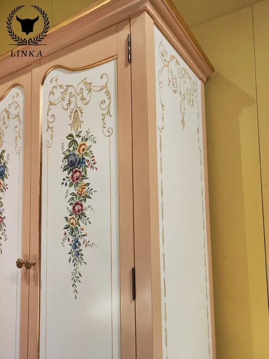 Luxury French art hand-painted all solid wood double door wardrobe exquisite hand pasted gold foil bedroom lockers