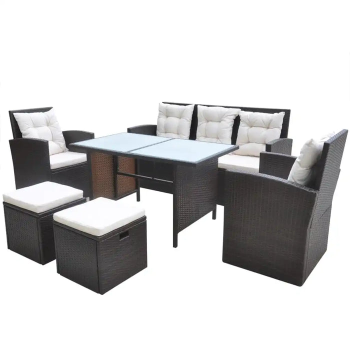 6 Piece Patio Dining Set with Cushions Poly Rattan Brown Outdoor Table and Chair Sets Outdoor Furniture Sets