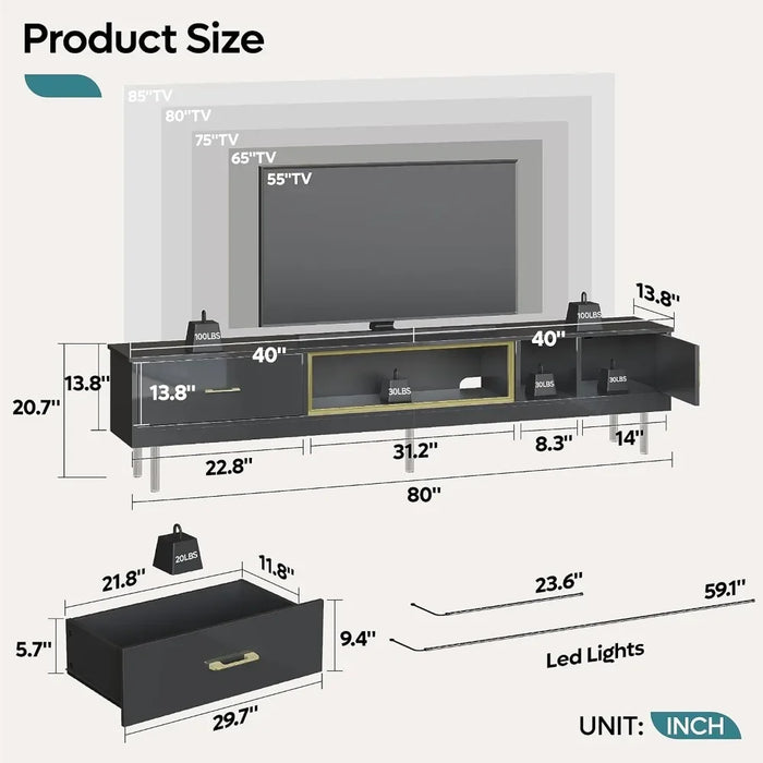 80 Inch High Gloss Entertainment Center with Storage for Televisions up to 85" LED TV Stand with Drawer & 2 Storage Cabinets