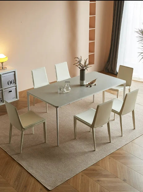 Light luxury cream dining table and chair, Italian style desk and chair, modern minimalist backrest, saddle leather stool