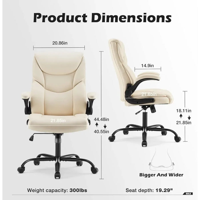 High Back Big and Tall Leather Office Desk Chairs with Flip Up Arms Lumbar Support, Adjustable Height,Wheels, Soft Padded, Cream