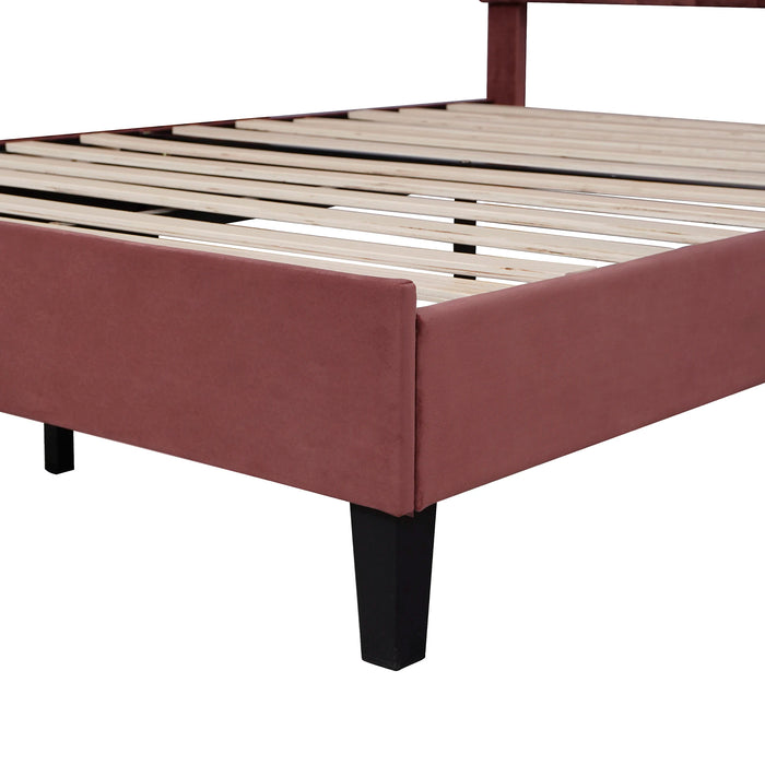 [Flash Sale]Queen/Full Size Upholstered Platform Bed with Flower Pattern Velvet Headboard Beige/Bean Paste Red[US-W]