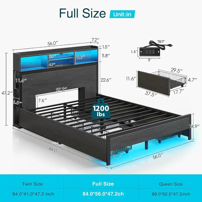 Bed Frame with Storage Headboard, Charging Station LED 4 Drawers, Bookcase Storage, Easy Assembly Bed Frame