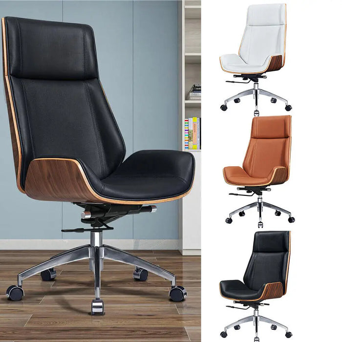 US Stock Wood Frame Genuine Leather Office Chair Chief Desk Ergonomic Swivel Chair