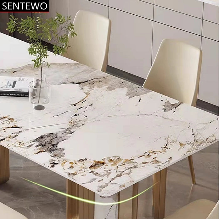Luxury Rock Slab Dining Table 6 Chairs Set Metal Titanium Glaze Gold Frame Faux Marble Table Kitchen Furniture Eettafel Comedor