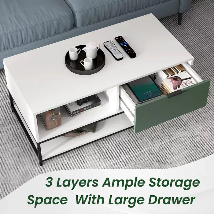 NexHome Modern Wooden 1 Drawer Rectangle Coffee Table, White/Green living room furniture side table