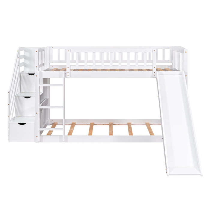 Stairway Twin over Twin Bunk Bed with Two Drawers and Slide
