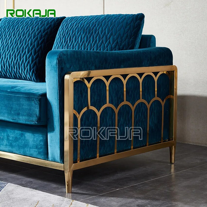 New Design Tufted Sofa Gold Stainless Steel Living Room Furniture Sets 6 Seater Sofa Set Modern Velvet Fabric Sofa