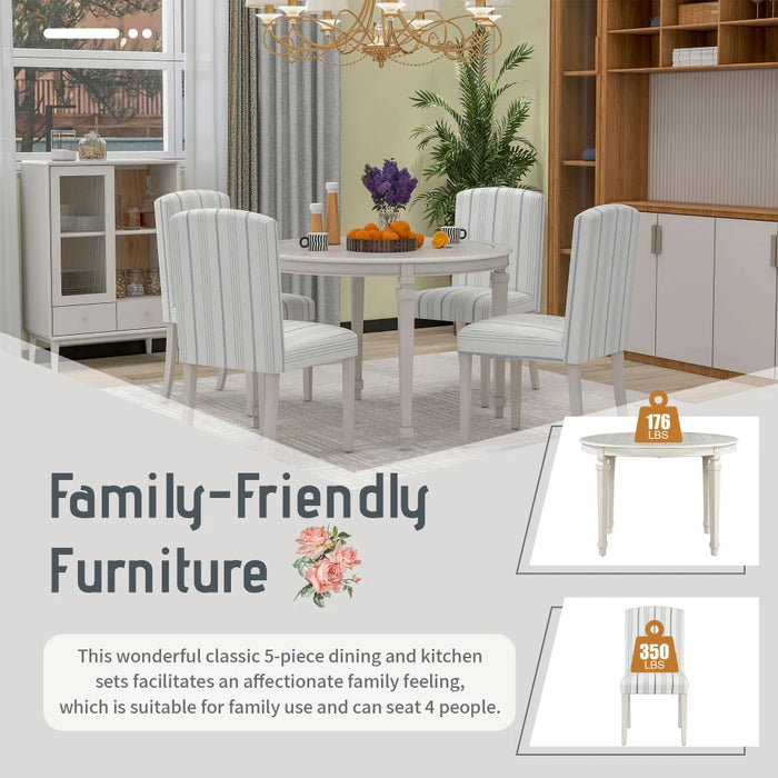 5-Piece Dining Table Set, Round Table with Solid Wood legs and 4 Upholstered Chairs with Striped Fabric for Dining Room (White)