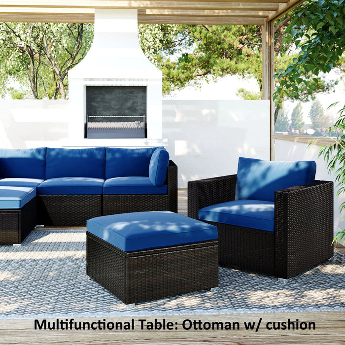 6PCS Patio Furniture Set Outdoor Patio Sectional All Weather PE Wicker Rattan Sofa Set with Glass Table, Blue Cushion