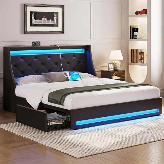 Bedroom bed frame with LED lights and charging station, easy-to-assemble upholstered with drawers, bedroom bed frame