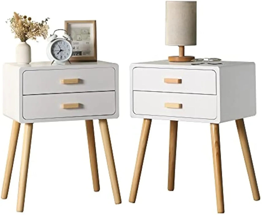 Set of 2 Nightstand End Table,Mid-Century Modern Wood Storage Bedside Table with 2 Drawers,Nightstand Furniture Suitable(White)