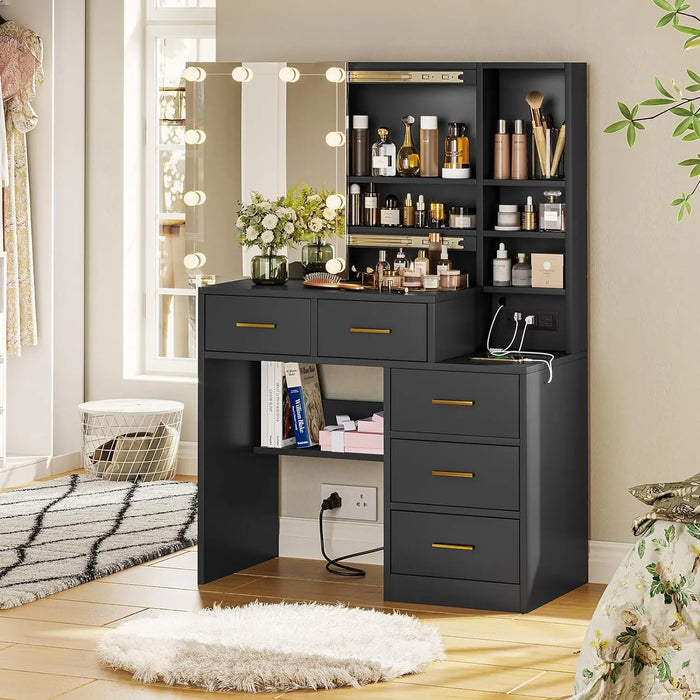 BTHFST Vanity Desk with Sliding Mirror and Lights, Makeup Vanity with Lights, Charging Station and Nightstand, Makeup Table