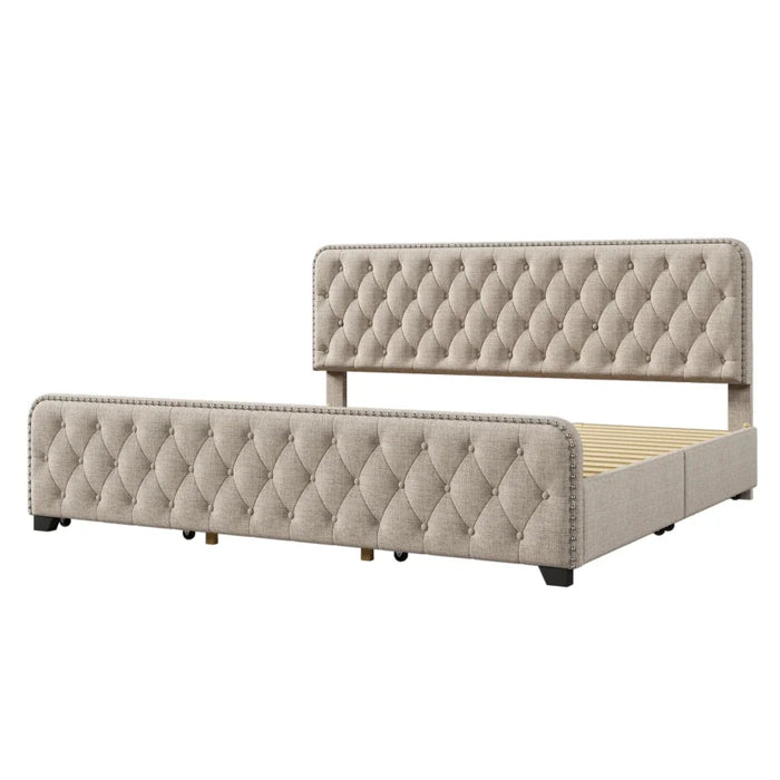 Beige Upholstered Platform Bed Frame with Four Drawers, Button Tufted Headboard and Footboard Sturdy Wood Slat Support, KING