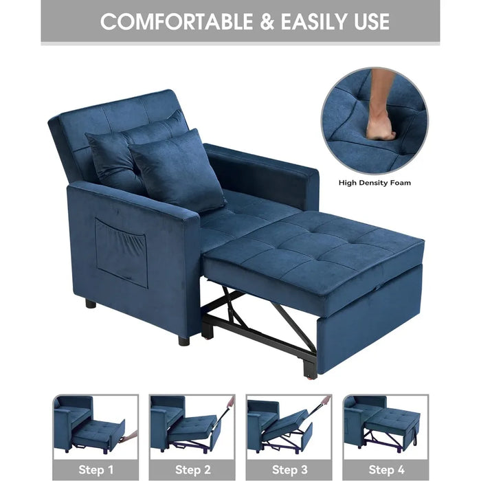 Convertible Sleeper Chair Bed 3 in 1, Adjustable Recliner,Armchair, Sofa, Bed, Flannel, Dark Blue, Single One