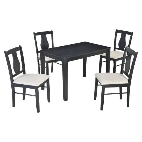 5-Piece Kitchen Dining Table Set, Wooden Rectangular Dining Table and 4 Upholstered Chairs for Dining Room,Ebony Black
