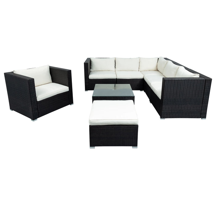 Patio Furniture Set, 8-Piece Patio Wicker Corner Sofa with Cushions, Ottoman and Coffee Table  for Pool Backyard Lawn