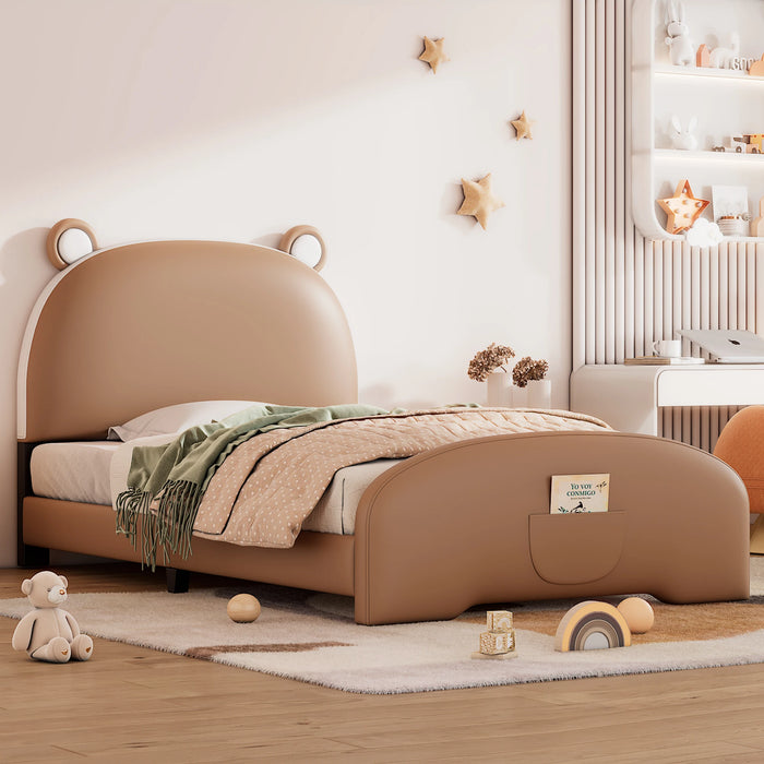[Flash Sale]Twin Size Upholstered Platform Bed with Bear-Shaped Headboard&Footboard White/Brown PU Bed Frame[US-W]