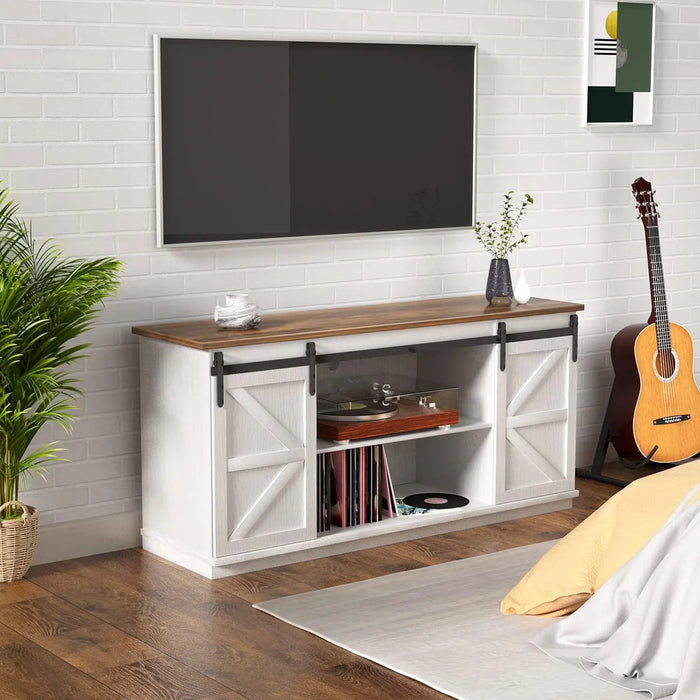 YESHOMY Farmhouse TV Stand and Entertainment Center for Televisions up to 65 Inchs, with Sliding Barn , 58 Inch, White & Rustic
