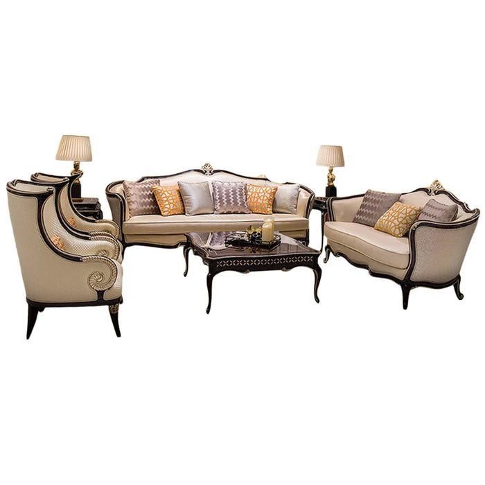Combination Living Room Furniture Light Luxury Solid Wood Carved New Classical Leather Sofa