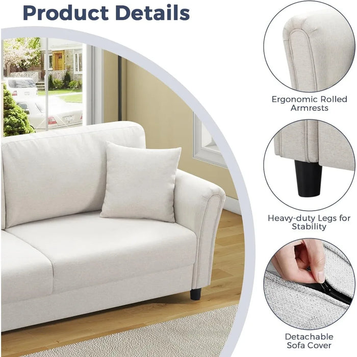Modern Sofas Living Room, Fabric Comfy Deep Seat Couch with Metal Legs and 2 Pillows, Removable Back and Thickened Soft Cushion