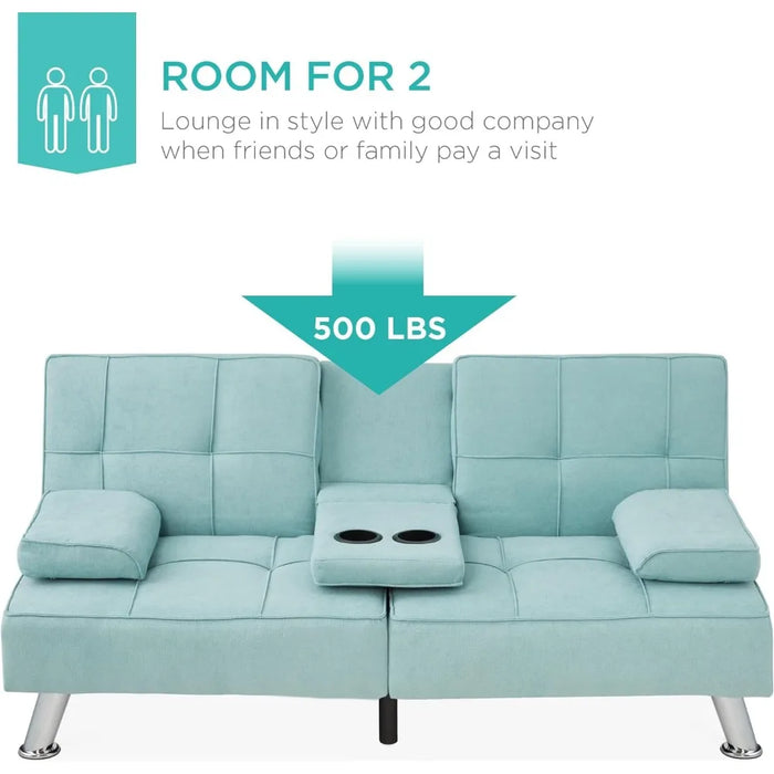 Living Room Sofas Linen Modern Folding Futon, Reclining Sofa for Apartment, 2 Cupholders Sofas