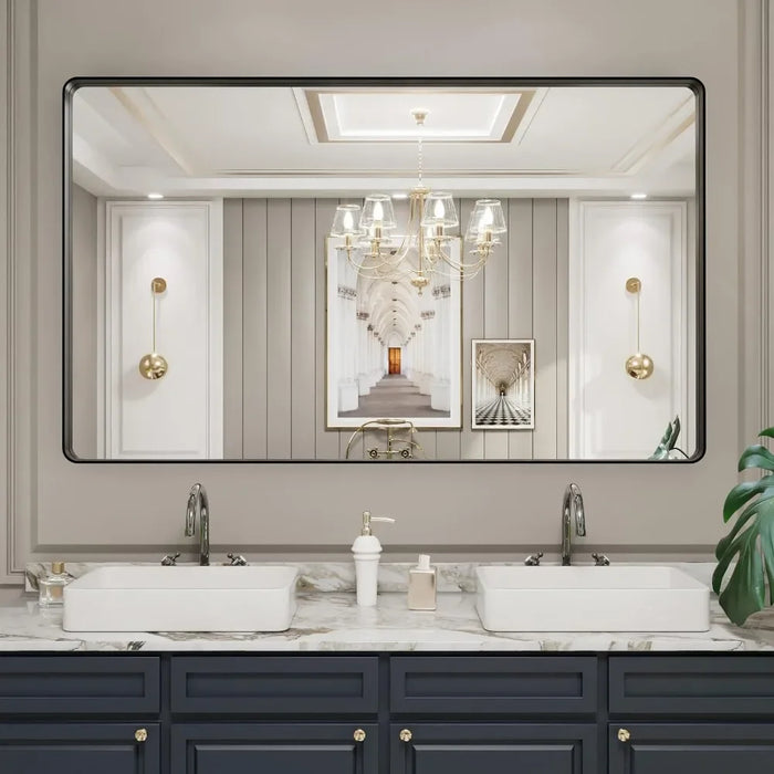 Metal Framed Bathroom Mirror for Wall, 60X36 Inch Rounded Rectangle Mirror, Tempered Glass, Hangs Horizontally or Vertically