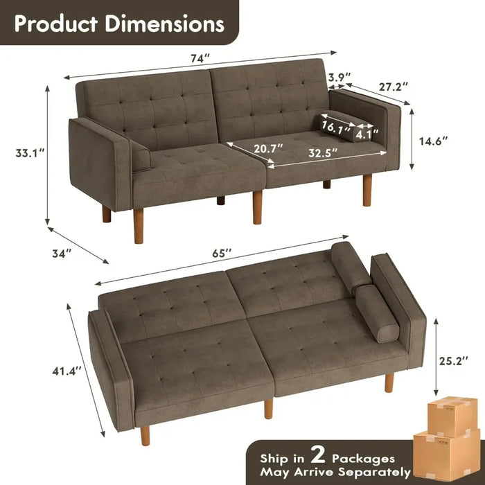 Futon Sofa Bed Convertible Sectional Sleeper Couch, Splitback Loveseat with Tapered Legs, 74", Small Lounge for Living Room