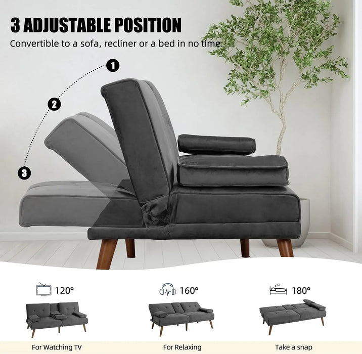 60" Small Loveseat, 3 in 1 Cute Convertible Sofa Bed, Modern Futon Recliner Sleeper w/2 Cup Holder, Upholstered Folding Couch