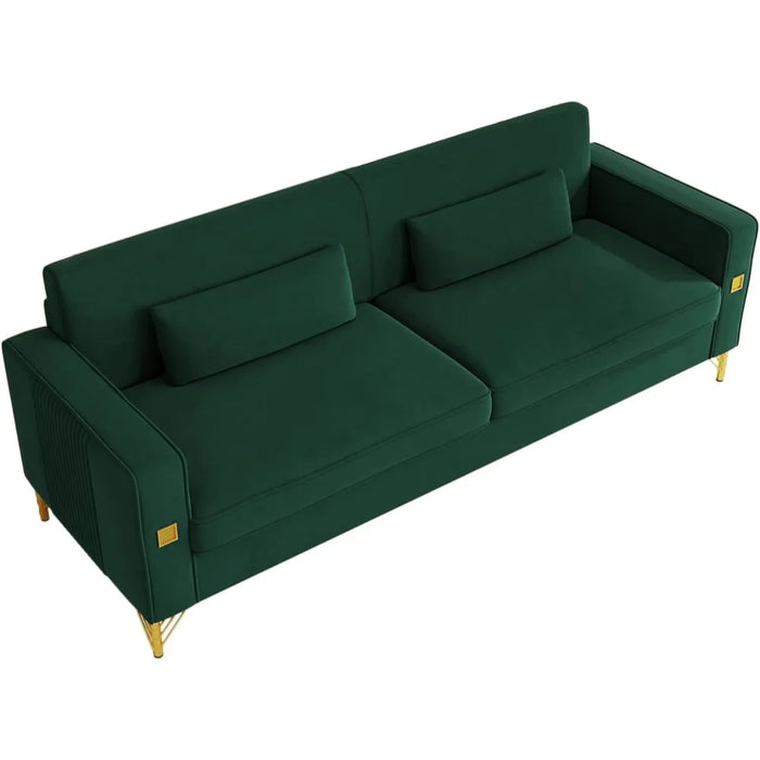 2023 New 85 Inch Velvet Sofa, Mid-Century Modern 3-Seat Couch W/Armrest, Green Velvet Couch with 2 Pillows