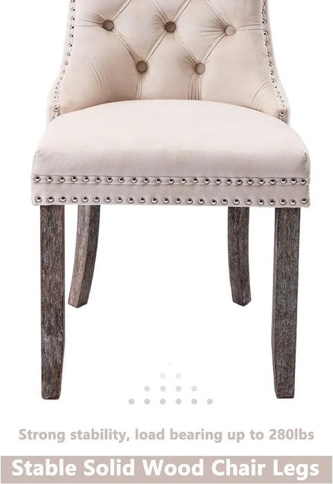 Tufted Dining Chairs Set of 6, Velvet Upholstered Dining Chairs with Nailhead Back and Ring Pull Trim, Solid Wood Dining