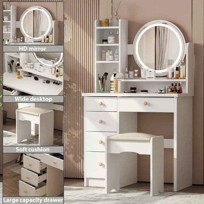 Makeup Vanity Set Dresser Desk with 5 Drawer and Shelf Round Mirror with Touch Screen and Light Vanity Set with Cushioned Stool