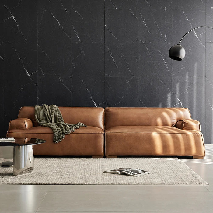 Luxury Italian minimalist leather sofa, living room, leather art, three person seat, top layer cowhide, Yunyu Damascus leather