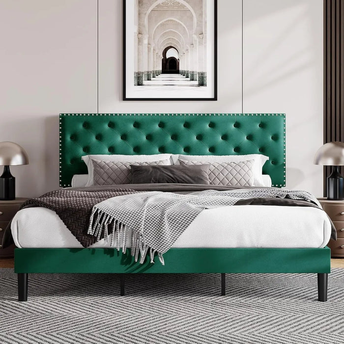 Bed, velvet padded platform bed with adjustable diamond button tufting and nail head decoration headboard, king size bed frame