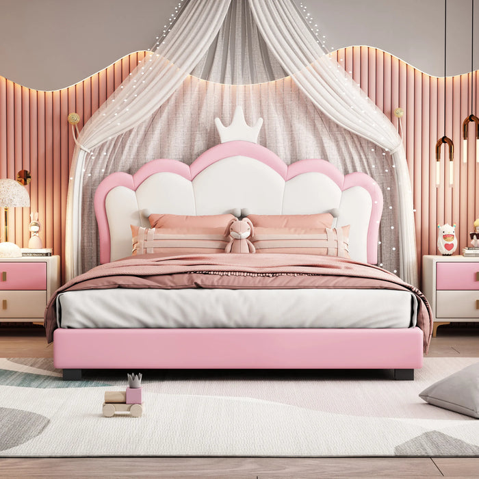 [Flash Sale]Full/Twin Size Upholstered Princess Bed With Crown Headboard&Footboard PU Platform Bed Frame White+Pink[US-W]