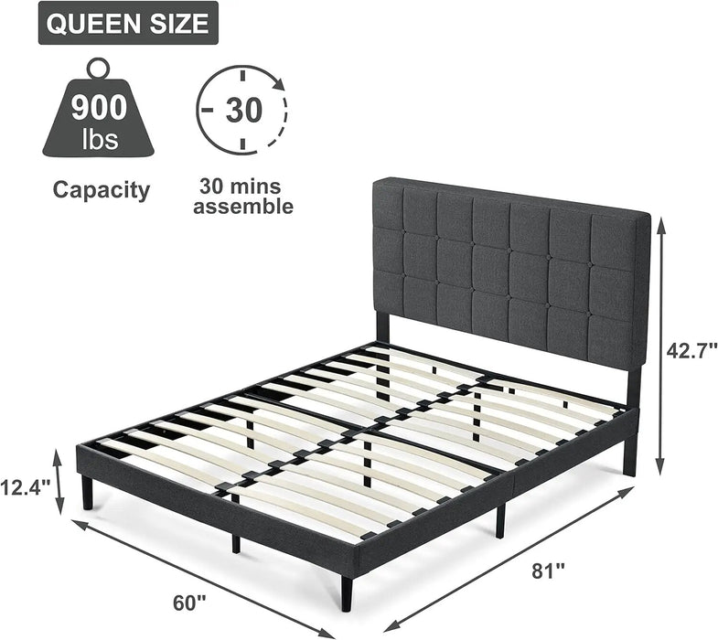 Molblly Queen Bed Frame with Upholstered Headboard, Platform Bed Frame with Sturdy Wood Slat, Linen Fabric Wrap, Non-Slip