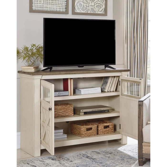 Farmhouse TV Stand Fits TVs up to 48", 2 Cabinet Doors and Adjustable Storage Shelves, Whitewash & Light Brown