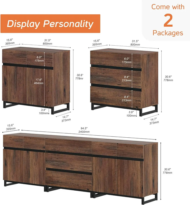 Modern TV Stand for TVs up to 100 inch,3 in 1 Console with Adjustable Shelves and 3 Drawers, Media Console for Living Room,Brown