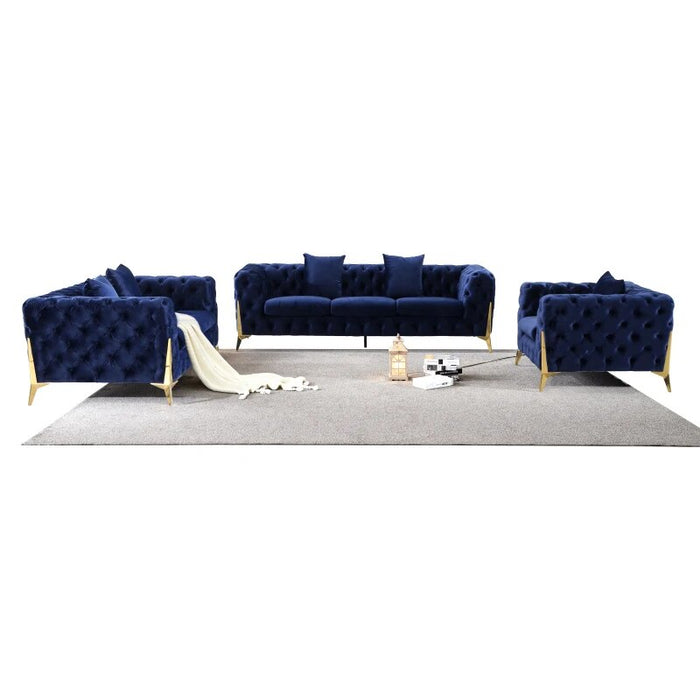 Blue Elegant Velvet Living Room Sofa Set, 3 Pieces Upholstered Set, Including Loveseat, 3-Seater Sofa Interior Decoration