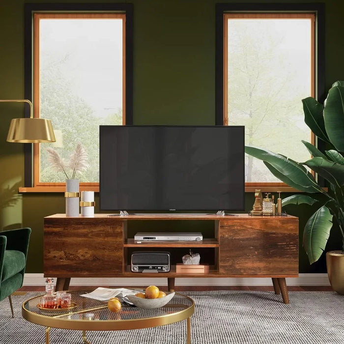Mid Century Modern TV Console Tv Stand Living Room Furniture Entertainment Center With Storage for Living Room Retro Brown Table