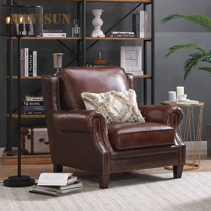 Leather First Layer Cowhide Solid Wood Sofa Combination Light Luxury Canape Living Room Small Apartment Classic Retro Couch