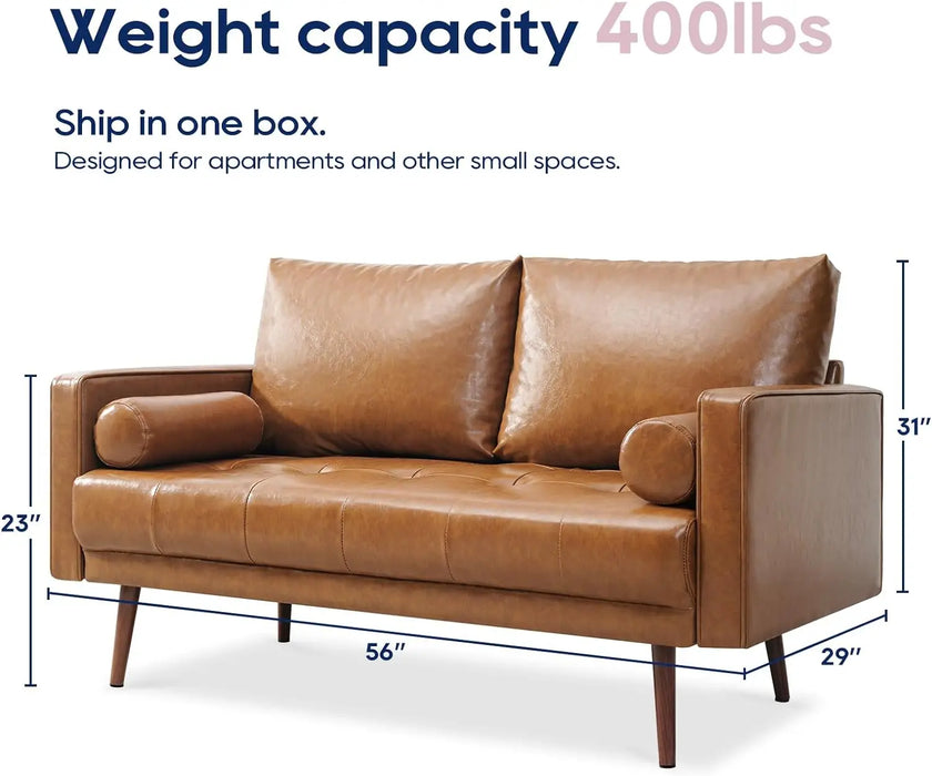 56" Loveseat Small Couch, 2 Seater Sofa Faux Leather Couch with Hand-Stitched Cushion and Bolster Pillows for Living Room